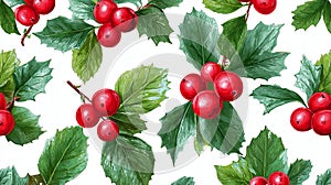 Festive Holly Berry Pattern on White Background