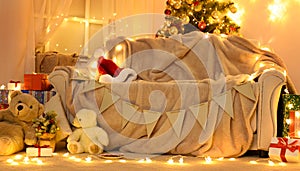 Festive Home interior - wew year or christmas decoration. At night, the room glows with festive lights. A lots of gifts and