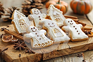 Festive Homemade Gingerbread Cookies with Pumpkin and Spices on Rustic Wooden Background Fall and Winter Baking Concept