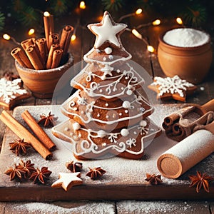 Festive Homemade Gingerbread Tree on Vintage Wooden Background with Spices and Decorations. Cozy Christmas Baking Scene