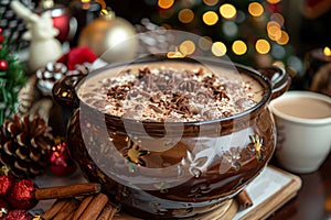 Festive hot chocolate in a large pot, ideal for holiday menus and winter gatherings. Trendy Mexican food.