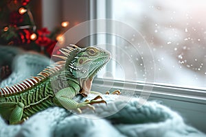 Festive Iguana: Cozy Christmas Atmosphere by the Winter Window. Generative ai