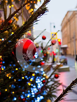 Festive illuminations in the streets of the city, Abstract background of christmas lights, Christmas decorations