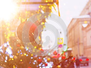 Festive illuminations in the streets of the city, Abstract background of christmas lights, Christmas decorations