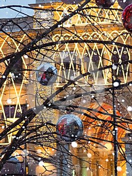 Festive illuminations in the streets of the city, Abstract background of christmas lights, Christmas decorations