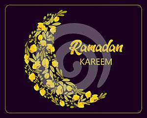 Festive illustration, colorful moon made of delicate yellow flowers and leaves and text Ramadan kareem on a dark background.