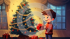 Festive illustration: A young boy& x27;s elation while opening a Christmas gift under the beautifully adorned tree