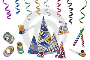 Festive image with rolls of curly ribbons hanging from top efts and multi party favors on the gound on black on the