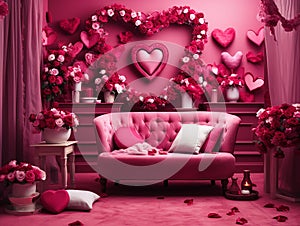 Festive interior design of room decorated with flowers and balloons for Valentine's Day