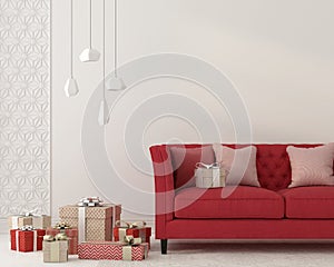 Festive interior with red sofa and gifts
