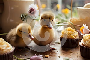 Festive joy ducklings on an Easter table with eggs and cupcakes
