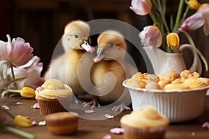 Festive joy ducklings on an Easter table with eggs and cupcakes