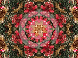 Festive kaleidoscope pattern of red and gold ornaments on Christmas tree branches