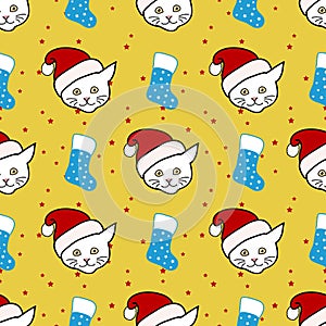 Festive kitty and Christmas stocking seamless pattern