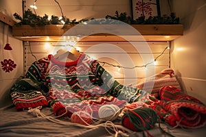 festive knitting nook adorned with string lights and a halffinished holiday sweater