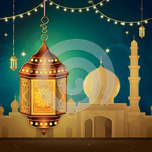Festive lantern with blurred mosque backdrop, Eid ul Fitr scene photo