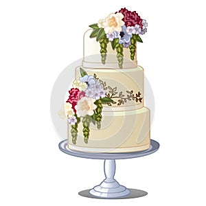 Festive layered biscuit cake covered with frosting and edible flowers. Sketch for greeting card, festive poster or party