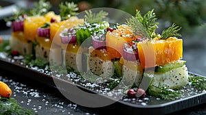 Festive layered salad of colorful cubes photo