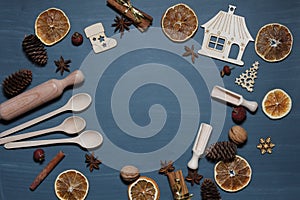 Festive layout of kitchen utensils and spices for Christmas baking.Flat lay. Copy space