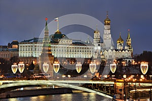 Festive Lights of Bolshoy Kamenny Bridge atKremlin in Twilight