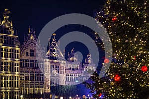 Festive lights and christmas tree on the main square of Antwerpen