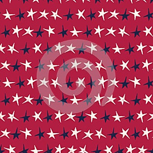 Festive Linocut Blue and White Small Stars on Red Background Vector Seamless Pattern. Hand Made Seamless Holiday Print