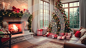 Festive Living Room: Cozy Fireplace, Colorful Decor & Presents