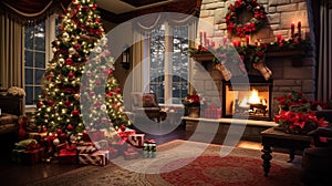 Festive Living Room: Cozy Fireplace, Colorful Decor & Presents