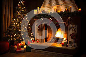 Festive Living Room Interior Decorated Fireplace and Christmas Tree Creating a Cozy Holiday Atmosphere. created with Generative AI