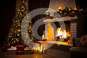 Festive Living Room Interior Decorated Fireplace and Christmas Tree Creating a Cozy Holiday Atmosphere. created with Generative AI