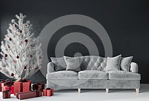 Festive living room with a luxurious sofa and a white Christmas tree with red gifts