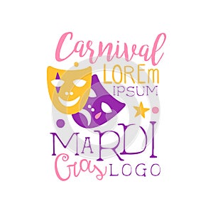 Festive logo original design for Mardi Gras holiday with text and theater comedy and drama masks. Carnival theme. Flat