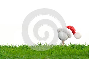 Festive-looking golf ball on tee with Santa Claus` hat