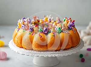 Festive mardi gras king cake with colorful decorations on white cake stand photo