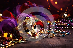 Festive Mardi Gras mask with shiny streamers - masquerade disguise. Carnival Party Generative AI