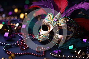 Festive Mardi Gras mask with shiny streamers - masquerade disguise. Carnival Party Generative AI