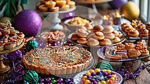 A festive Mardi Gras table setting featuring traditional King Cake, beignets, and other delicacies, surrounded by