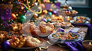 A festive Mardi Gras table setting featuring traditional King Cake, beignets, and other delicacies, surrounded by
