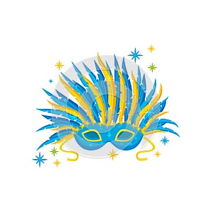 Festive mask with blue and yellow feathers. Attribute of Brazilian carnival. Flat vector for holiday banner or poster