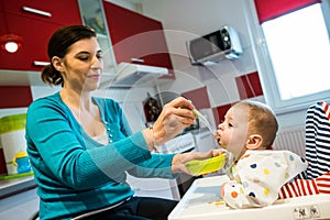 Festivo comida. madre alimentación un nino sólido comida el primero 