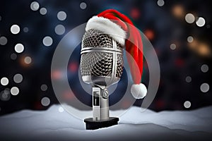 Festive Melodies Composite Image of Microphone with Santa Hat, Amplifying Holiday Cheer. created with Generative AI