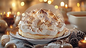 Festive meringue cheesecake, holiday table, warm lights