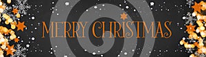 Festive Merry Christmas background banner Panorama, card template -Yellow golden orange stars, bokeh lights, ice crystals and