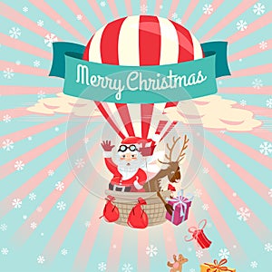 Festive Merry Christmas greeting card with Santa Claus and his d