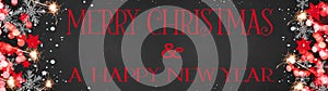 Festive Merry Christmas & a happy new year background banner Panorama, card template -Red Stars, bokeh lights, ice crystals and