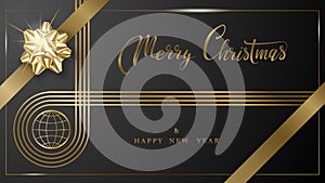 Festive Merry Christmas and Happy New Year greeting card template on black background