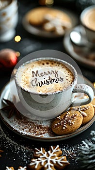 Festive Merry Christmas message written on frothy coffee in a white cup, surrounded by seasonal decorations and snowflake