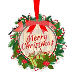 Festive Merry Christmas tree wreath garland with candy, berries, bullfinch bird, lettering, wooden texture background. Flat style. photo