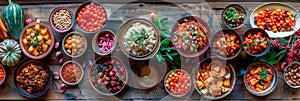 festive Mexican fiesta table adorned with dishes like pozole, mole, and chiles en nogada.