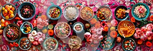 festive Mexican fiesta table adorned with dishes like pozole, mole, and chiles en nogada.